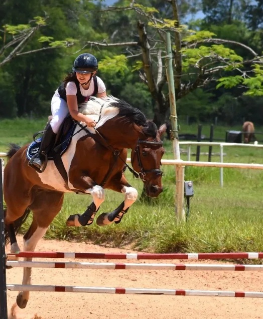 Aluna de hipismo saltando obstáculo durante aula de equitação